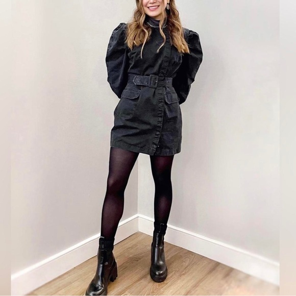 & Other Stories Black Acid Wash Denim Belted Long Puff Sleeve Mini Dress US 6 - Picture 5 of 5